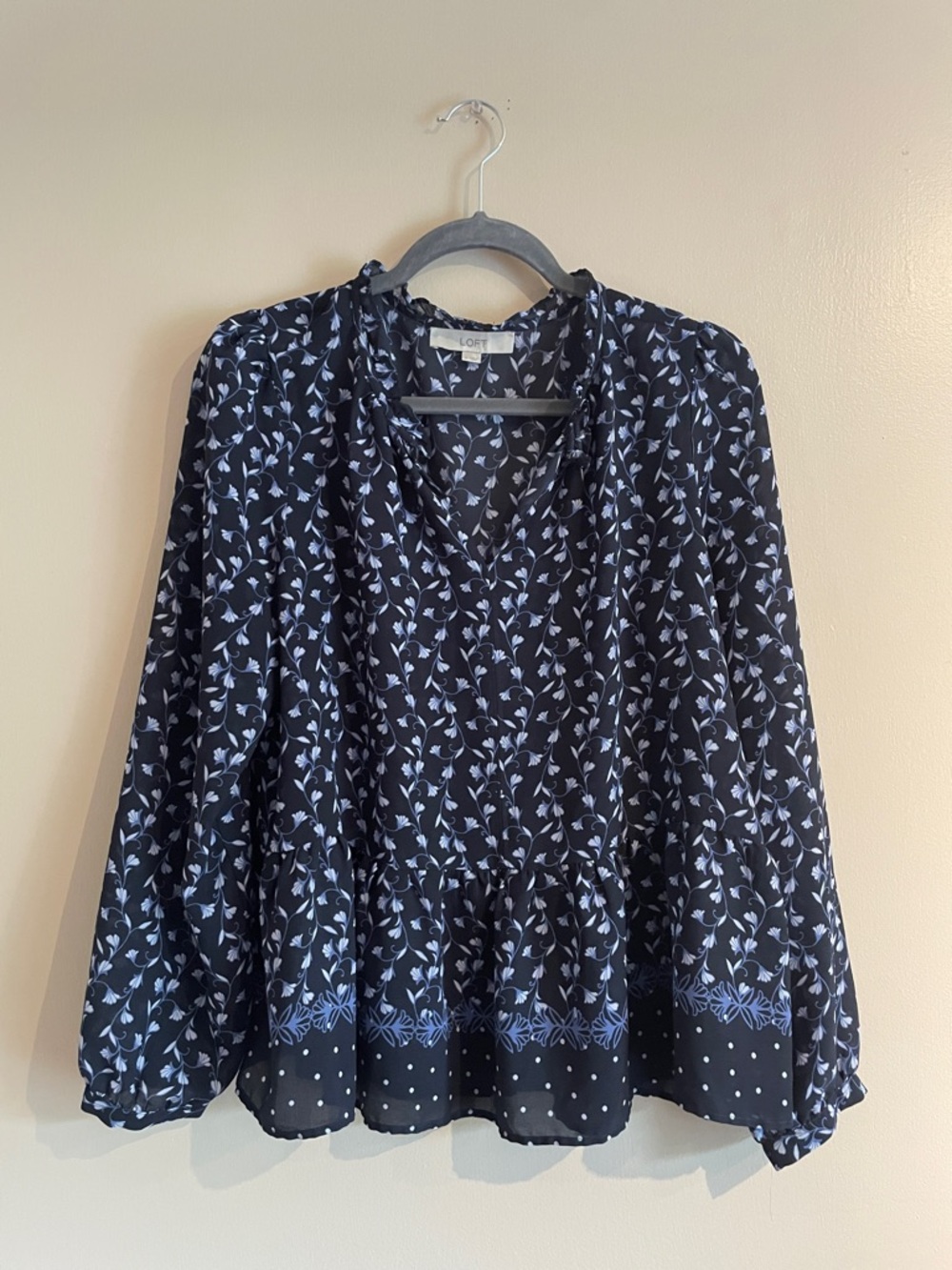 LOFT Navy and Light Blue Floral V-Neck Peplum Blouse